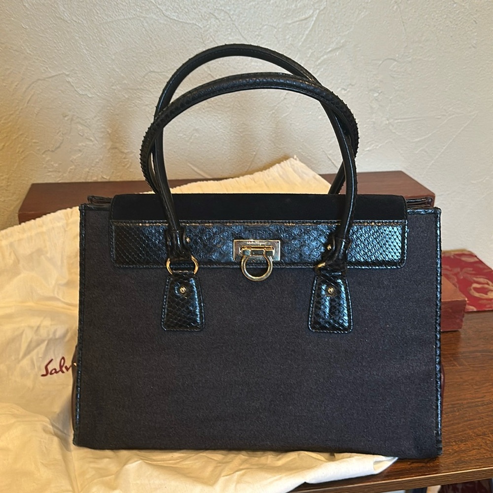 Salvatore Ferragamo Lotty black satchel python leather handbag bag